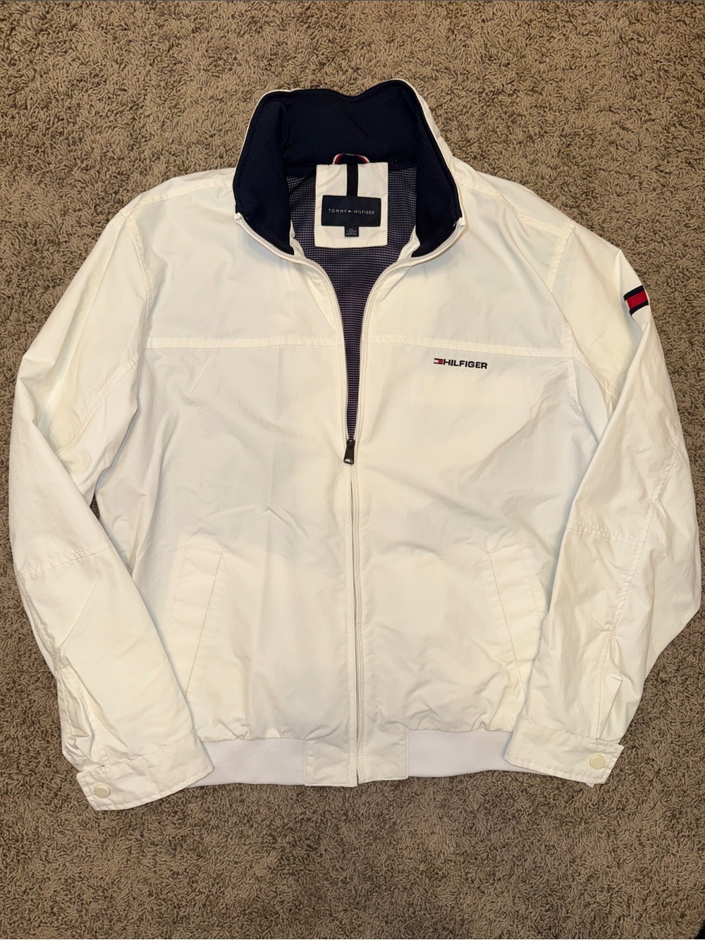 Tommy Hilfiger White Windbreaker with Navy Interior and Flag Detail